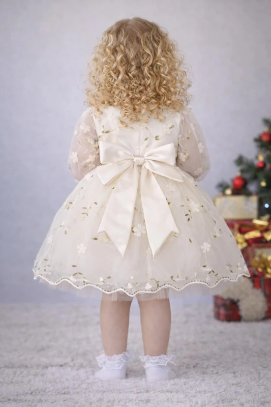 Kız Çocuk Uzun Kollu 3D Çiçekli Vintage Fiyonklu Özel Gün Doğum Günü Elbisesi–Prenses Model  - BEJ