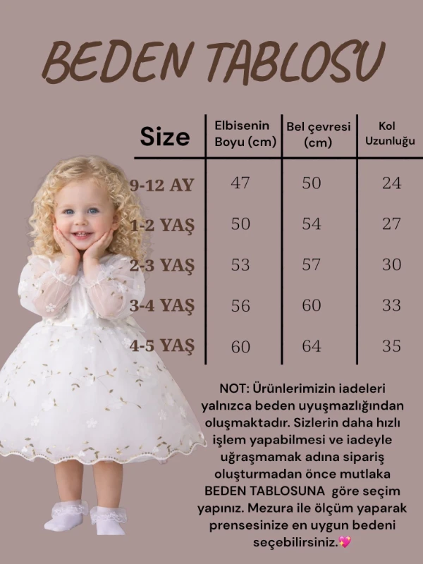 Kız Çocuk Uzun Kollu 3D Çiçekli Vintage Fiyonklu Özel Gün Doğum Günü Elbisesi–Prenses Model  - BEYAZ