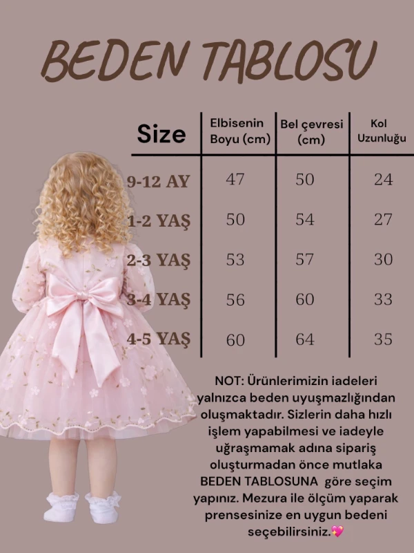 Kız Çocuk Uzun Kollu 3D Çiçekli Vintage Fiyonklu Özel Gün Doğum Günü Elbisesi–Prenses Model  - GÜLKURUSU