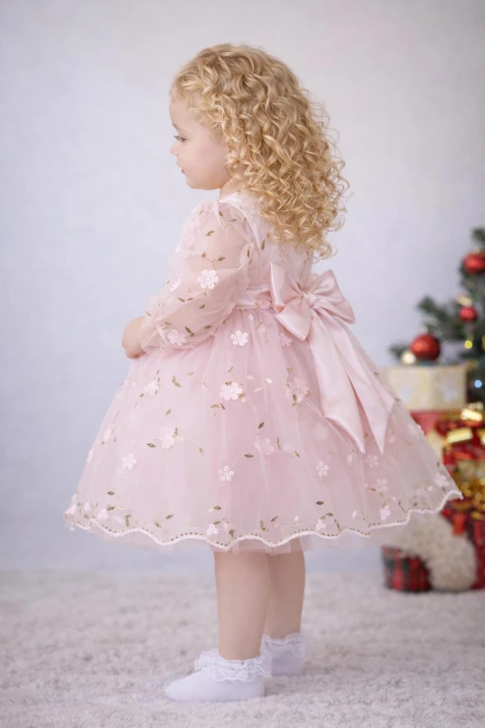 Kız Çocuk Uzun Kollu 3D Çiçekli Vintage Fiyonklu Özel Gün Doğum Günü Elbisesi–Prenses Model  - GÜLKURUSU