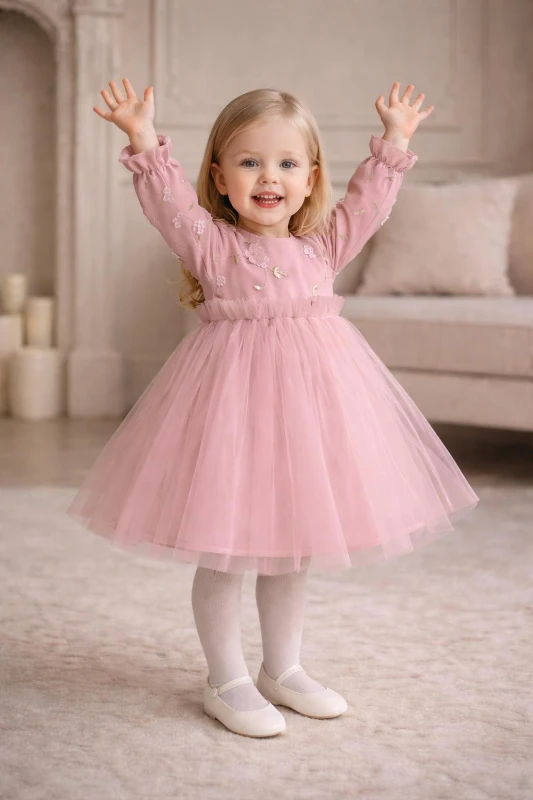 Kız Çocuk Uzun Kollu Nakış Detaylı Düğün Özel Gün Doğum Günü Elbisesi–Prenses Model  - GÜLKURUSU