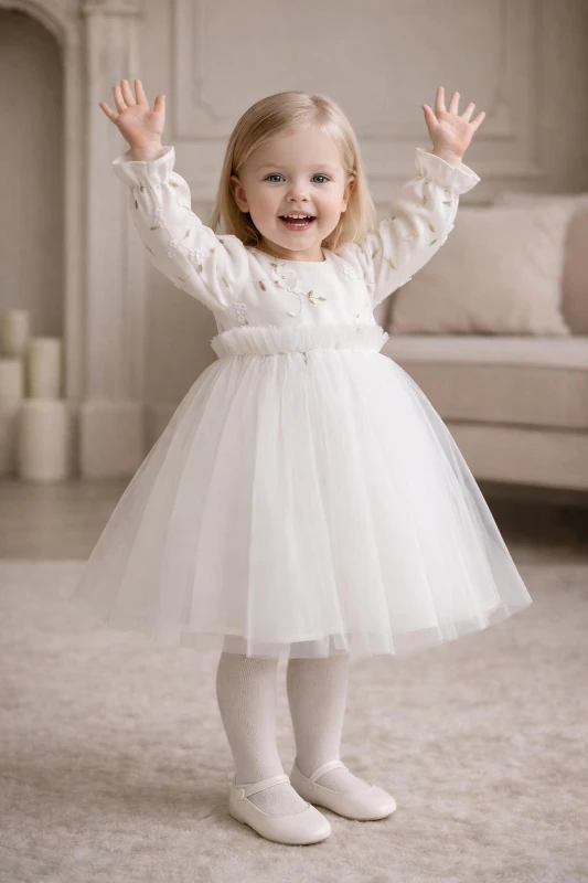 Kız Çocuk Uzun Kollu Nakış Detaylı Düğün Özel Gün Doğum Günü Elbisesi–Prenses Model  - BEYAZ