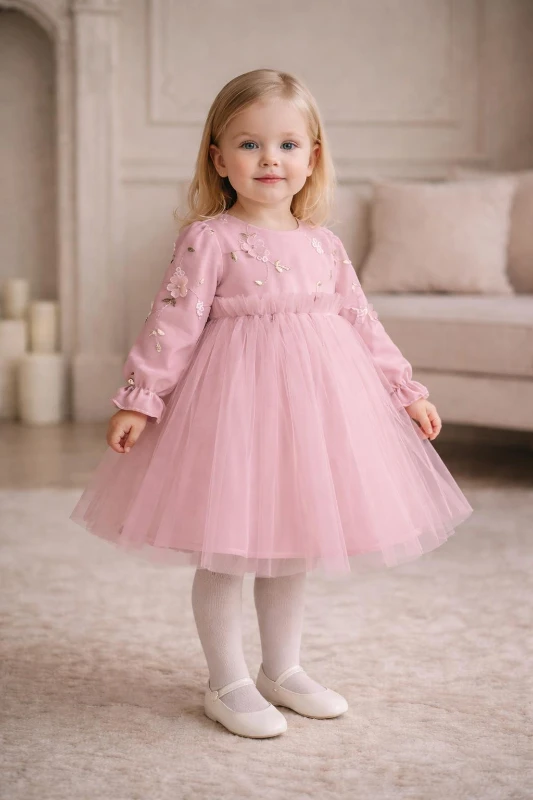 Kız Çocuk Uzun Kollu Nakış Detaylı Düğün Özel Gün Doğum Günü Elbisesi–Prenses Model  - GÜLKURUSU