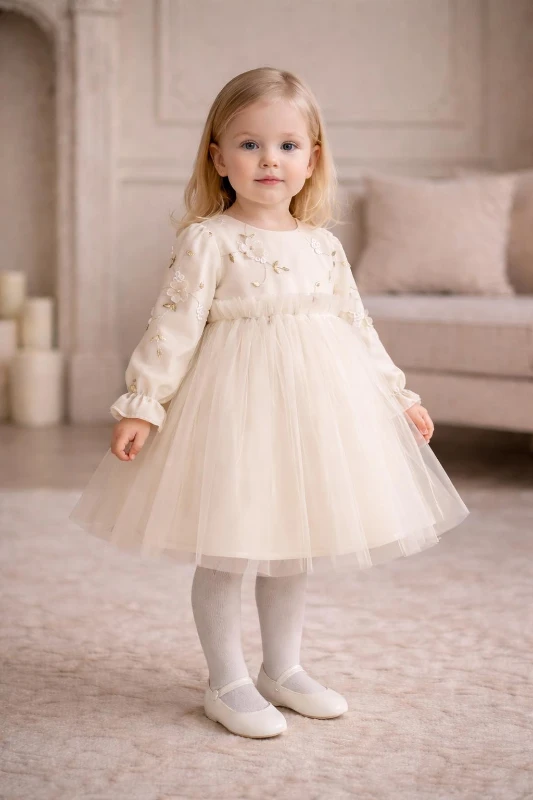 Kız Çocuk Uzun Kollu Nakış Detaylı Düğün Özel Gün Doğum Günü Elbisesi–Prenses Model  - BEJ