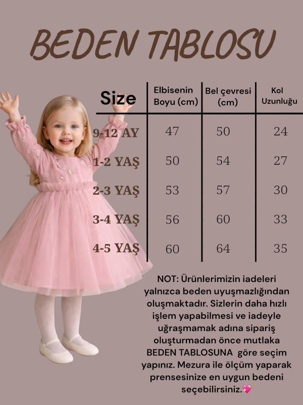 Kız Çocuk Uzun Kollu Nakış Detaylı Düğün Özel Gün Doğum Günü Elbisesi–Prenses Model  - GÜLKURUSU