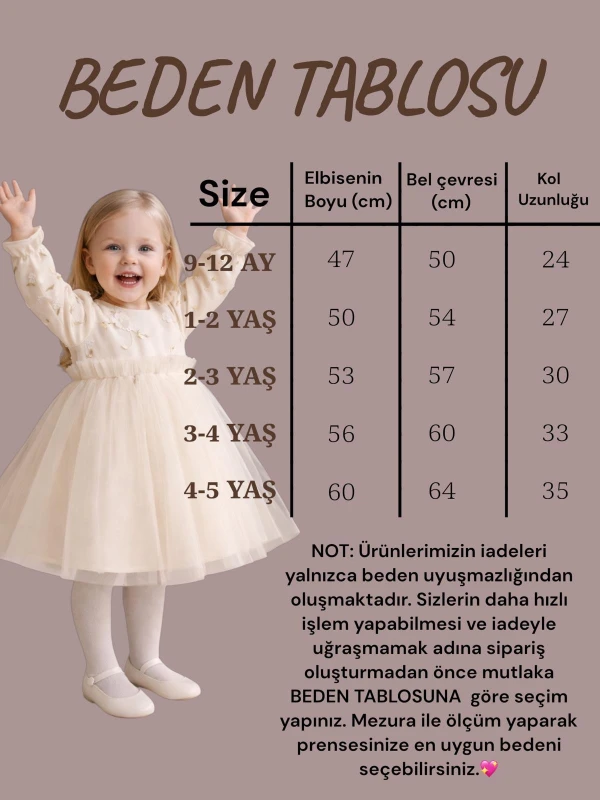 Kız Çocuk Uzun Kollu Nakış Detaylı Düğün Özel Gün Doğum Günü Elbisesi–Prenses Model  - BEJ