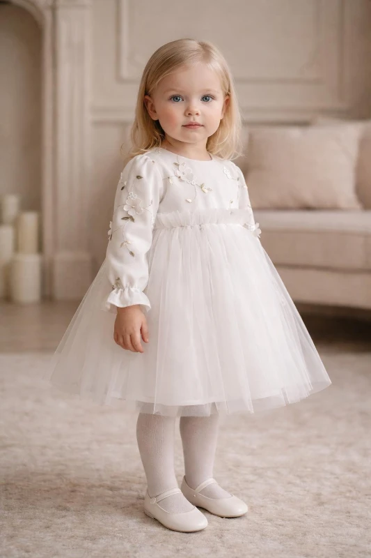 Kız Çocuk Uzun Kollu Nakış Detaylı Düğün Özel Gün Doğum Günü Elbisesi–Prenses Model  - BEYAZ