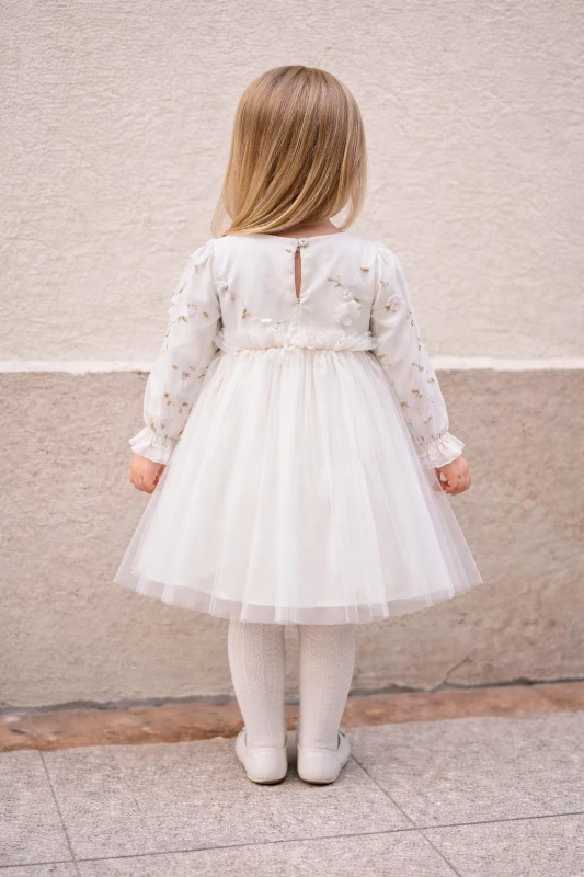 Kız Çocuk Uzun Kollu Nakış Detaylı Düğün Özel Gün Doğum Günü Elbisesi–Prenses Model  - BEYAZ