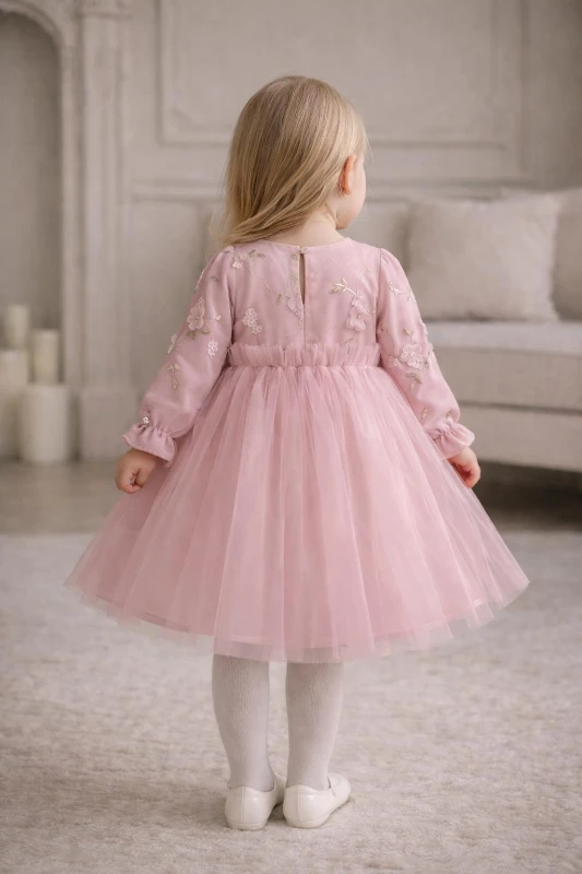 Kız Çocuk Uzun Kollu Nakış Detaylı Düğün Özel Gün Doğum Günü Elbisesi–Prenses Model  - GÜLKURUSU