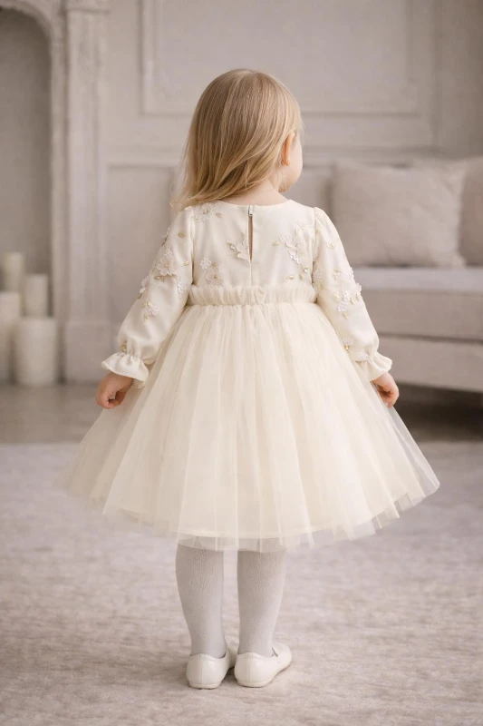 Kız Çocuk Uzun Kollu Nakış Detaylı Düğün Özel Gün Doğum Günü Elbisesi–Prenses Model  - BEJ