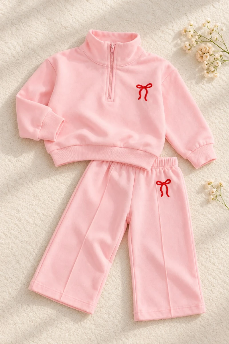Kız Bebek Fermuarlı Sweatshirt ve Pantolon Takım Kurdele Nakışlı 2 İplik  - AÇIK PEMBE