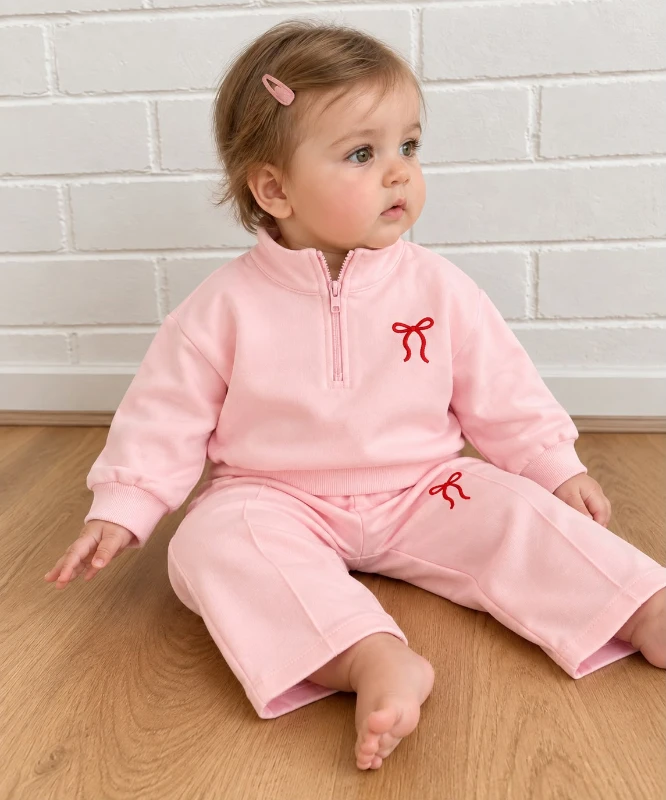 Kız Bebek Fermuarlı Sweatshirt ve Pantolon Takım Kurdele Nakışlı 2 İplik  - AÇIK PEMBE