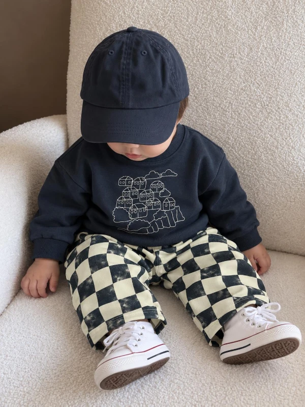 Lacivert Nakışlı Sweatshirt ve Ekose Pantolon Bebek Takım 2’li Mevsimlik - LACİVERT