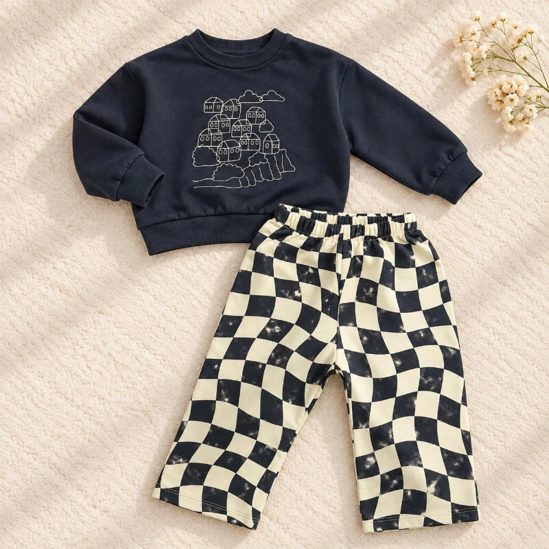 Lacivert Nakışlı Sweatshirt ve Ekose Pantolon Bebek Takım 2’li Mevsimlik - LACİVERT