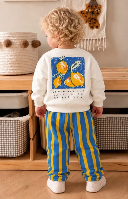 Çocuk Easy Peasy Limon Baskılı Sweatshirt ve Mavi Sarı Çizgili Pantolon 2’li Takım - MAVİ