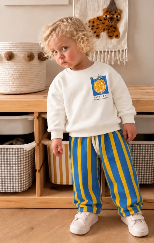 Çocuk Easy Peasy Limon Baskılı Sweatshirt ve Mavi Sarı Çizgili Pantolon 2’li Takım - MAVİ