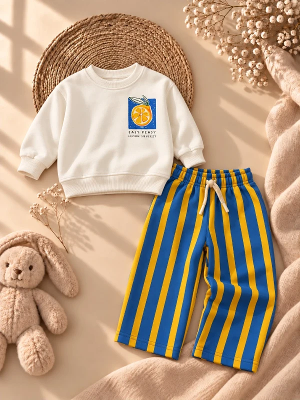 Çocuk Easy Peasy Limon Baskılı Sweatshirt ve Mavi Sarı Çizgili Pantolon 2’li Takım - MAVİ