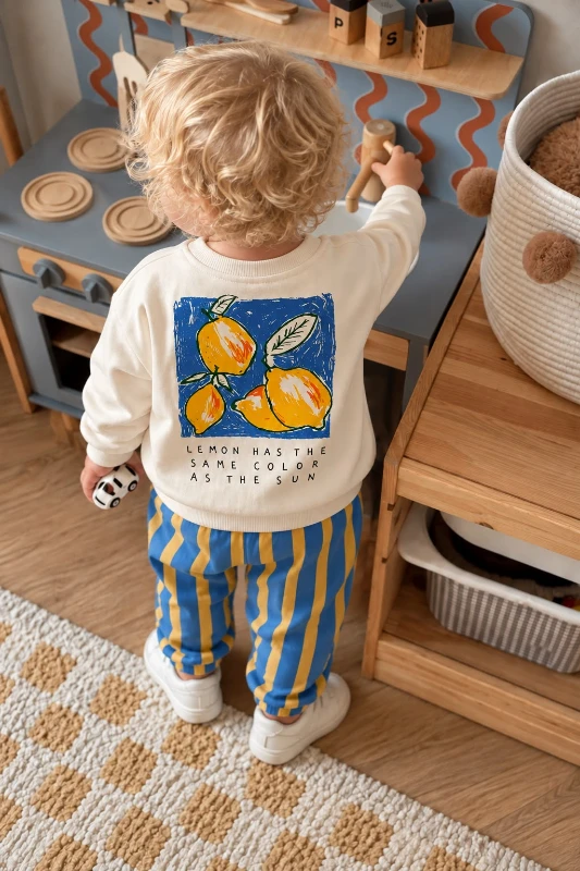 Çocuk Easy Peasy Limon Baskılı Sweatshirt ve Mavi Sarı Çizgili Pantolon 2’li Takım - MAVİ