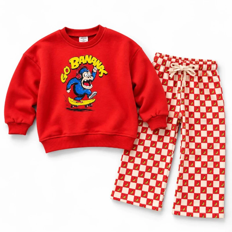 Çocuk Kırmızı Go Bananas Baskılı Sweatshirt ve Muz Desenli Kareli Pantolon 2’li Takım - KIRMIZI