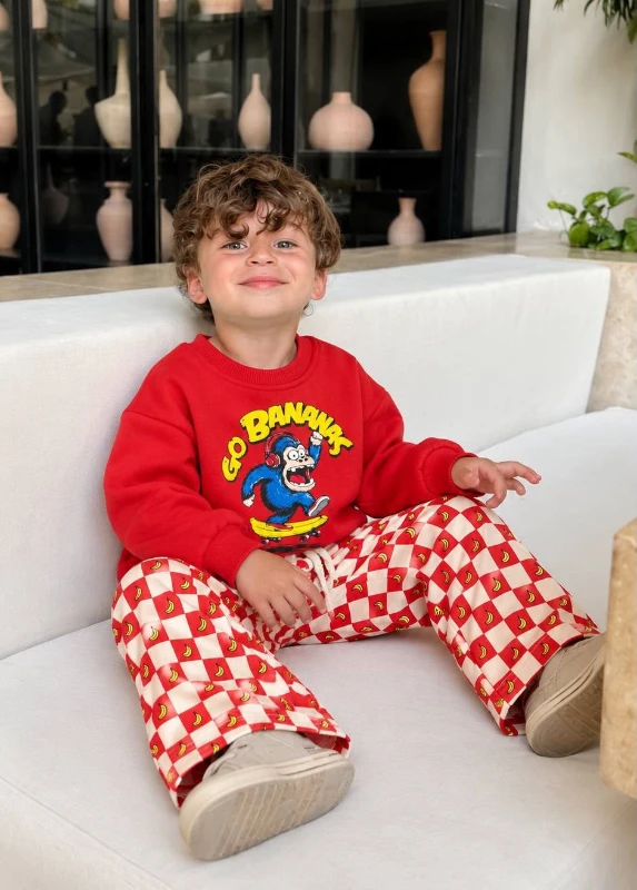 Çocuk Kırmızı Go Bananas Baskılı Sweatshirt ve Muz Desenli Kareli Pantolon 2’li Takım - KIRMIZI