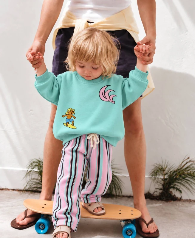 Çocuk Sörf Baskılı Mint Sweatshirt ve Çizgili Pantolon 2’li Takım - TURKUAZ
