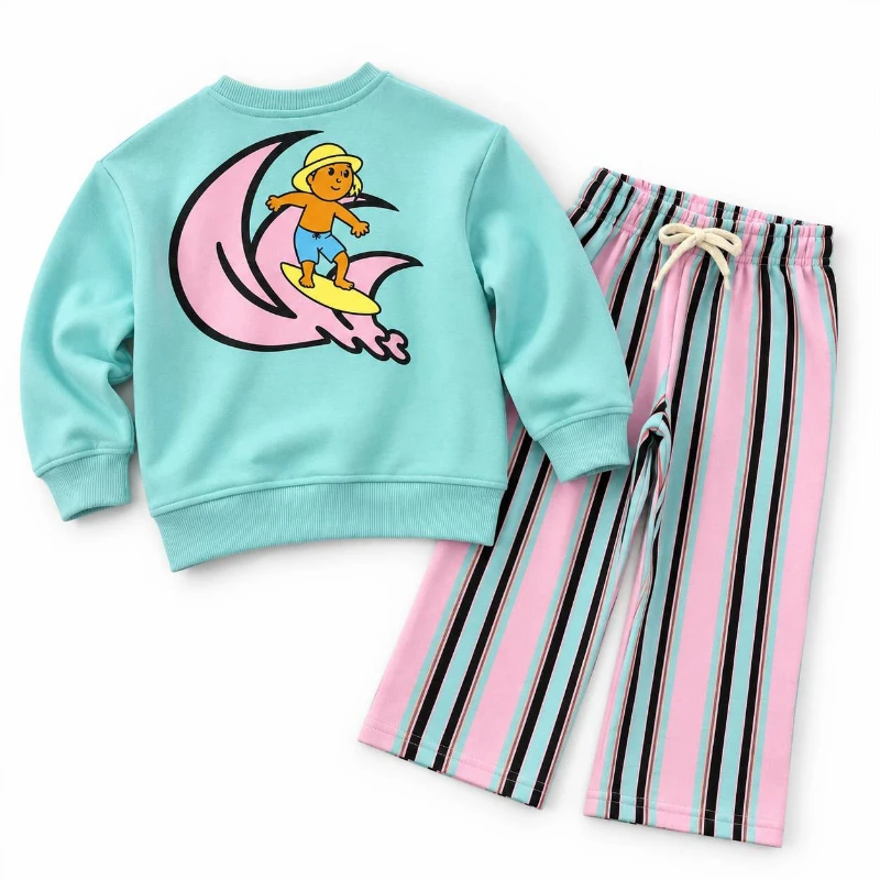 Çocuk Sörf Baskılı Mint Sweatshirt ve Çizgili Pantolon 2’li Takım - TURKUAZ