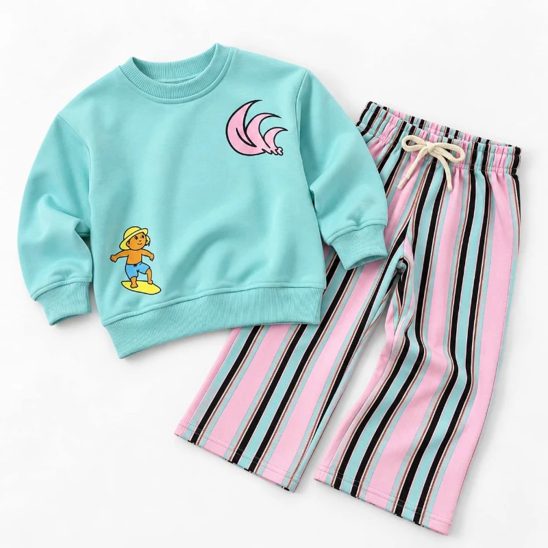 Çocuk Sörf Baskılı Mint Sweatshirt ve Çizgili Pantolon 2’li Takım - TURKUAZ