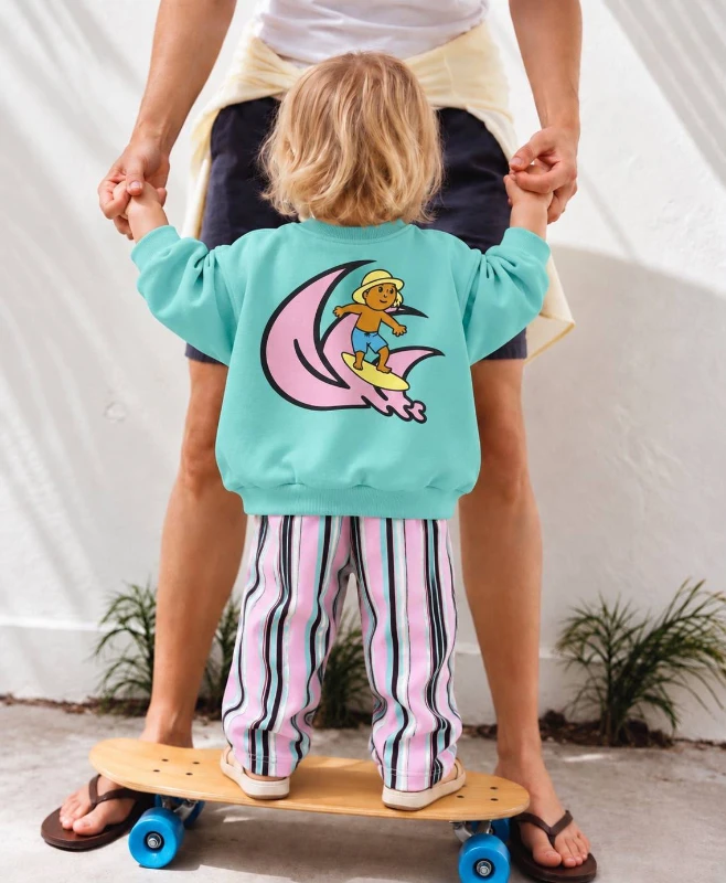 Çocuk Sörf Baskılı Mint Sweatshirt ve Çizgili Pantolon 2’li Takım - TURKUAZ