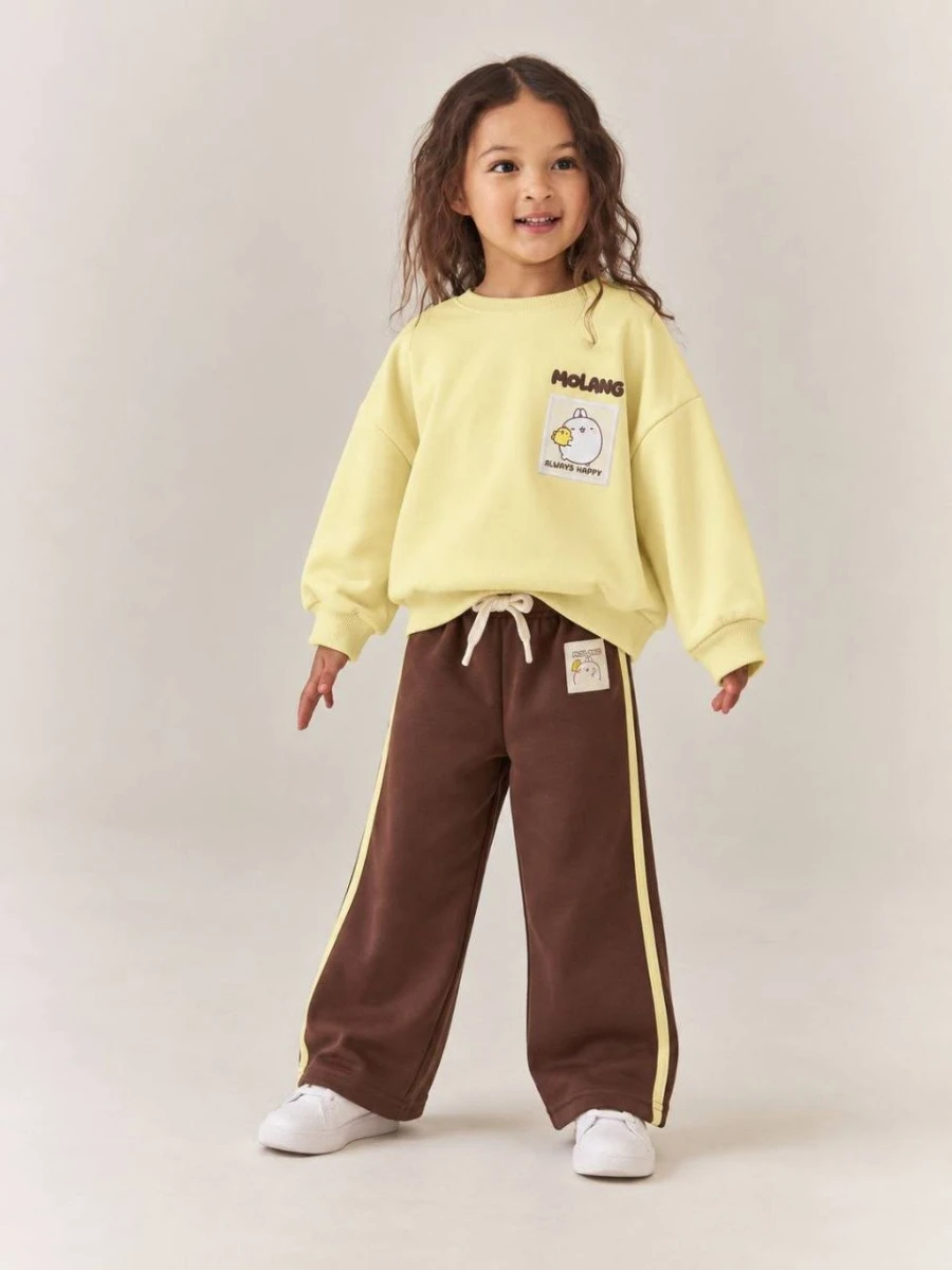 Molang Baskılı Çocuk Eşofman Takımı Sarı Sweatshirt Kahverengi Bol Paça Pantolon - SARI