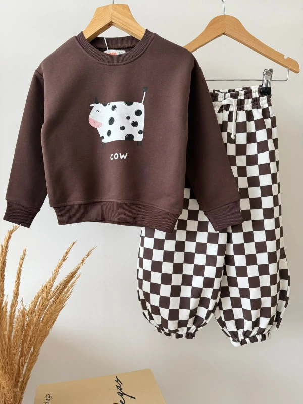 Cow Baskılı Oversize Çocuk Eşofman Takımı 3 İplik Şardonsuz Kahverengi Dama Pantolon 2-8 Yaş - KAHVERENGİ