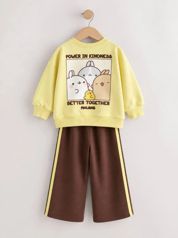 Molang Baskılı Çocuk Eşofman Takımı Sarı Sweatshirt Kahverengi Bol Paça Pantolon - SARI