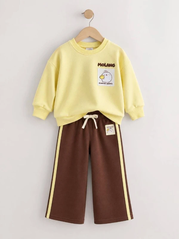 Molang Baskılı Çocuk Eşofman Takımı Sarı Sweatshirt Kahverengi Bol Paça Pantolon - SARI