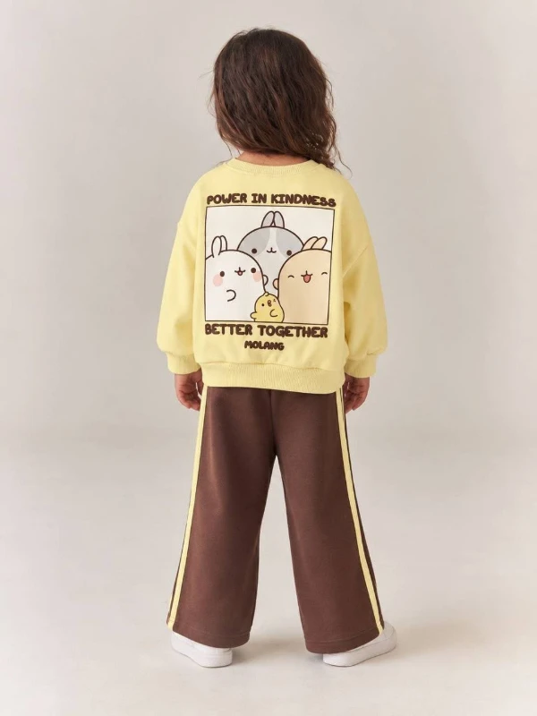 Molang Baskılı Çocuk Eşofman Takımı Sarı Sweatshirt Kahverengi Bol Paça Pantolon - SARI