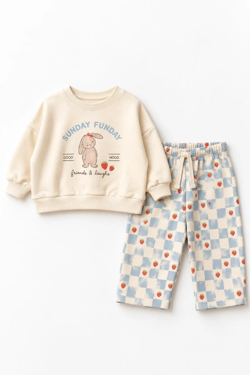 Tavşan Baskılı 3 İplik Şardonsuz Sweatshirt ve Çilekli Ekose Pantolon 2’li Takım 9-24 Ay - MAVİ
