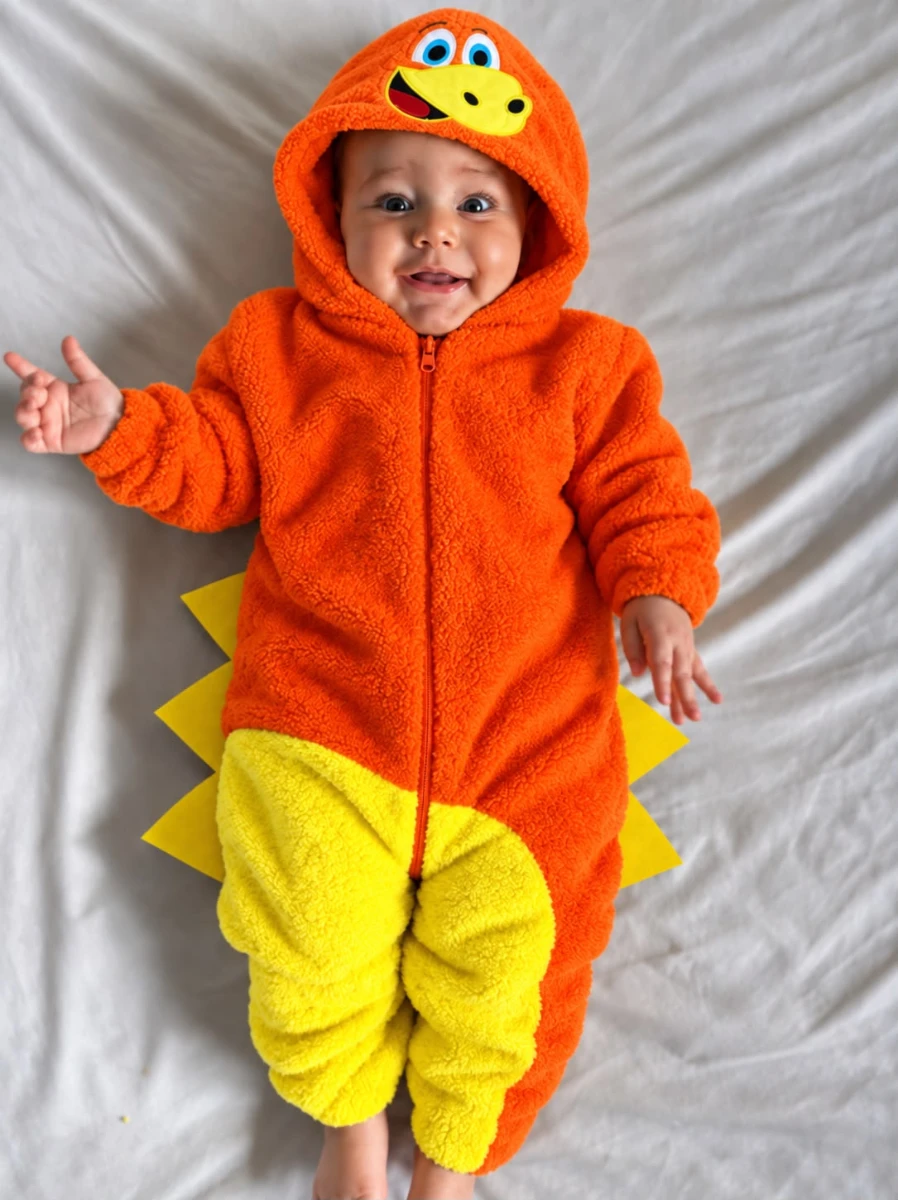 Welsoft Peluş Unisex Fermuarlı Kışlık Dinozor Bebek Uyku Tulumu - TURUNCU-SARI
