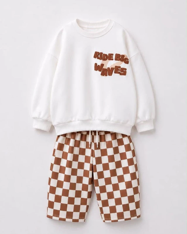Çocuk 3 İplik Şardonsuz Oversize Sweatshirt ve Dama Desenli Pantolon 2’li Takım 2-8 Yaş - KAHVERENGİ