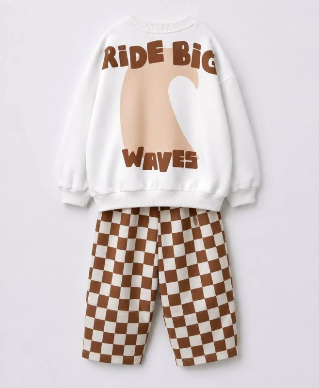 Çocuk 3 İplik Şardonsuz Oversize Sweatshirt ve Dama Desenli Pantolon 2’li Takım 2-8 Yaş - KAHVERENGİ