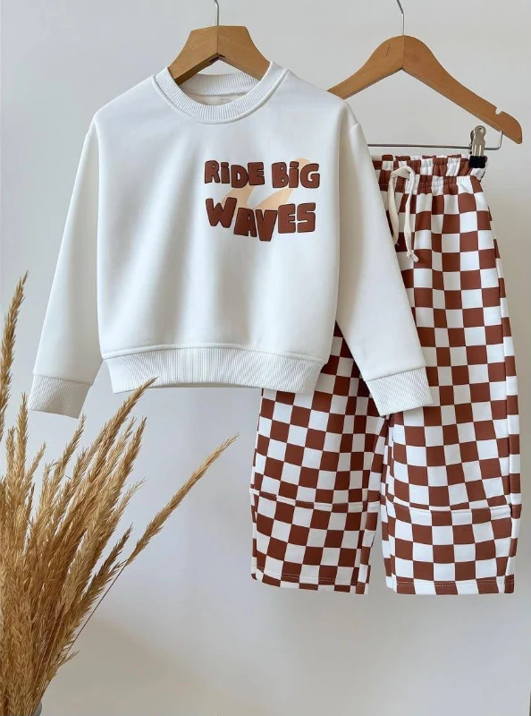Çocuk 3 İplik Şardonsuz Oversize Sweatshirt ve Dama Desenli Pantolon 2’li Takım 2-8 Yaş - KAHVERENGİ