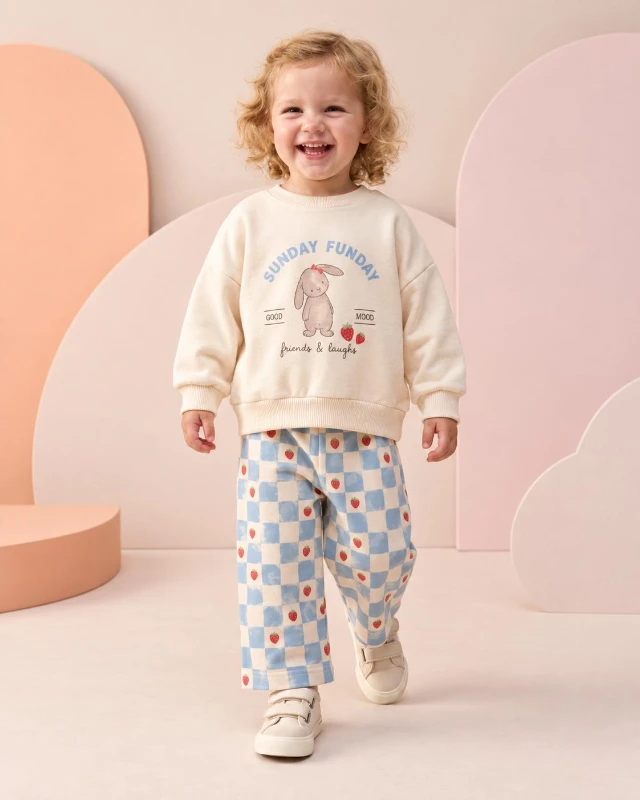 Tavşan Baskılı 3 İplik Şardonsuz Sweatshirt ve Çilekli Ekose Pantolon 2’li Takım 9-24 Ay - MAVİ