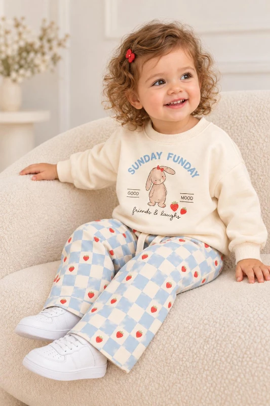 Tavşan Baskılı 3 İplik Şardonsuz Sweatshirt ve Çilekli Ekose Pantolon 2’li Takım 9-24 Ay - MAVİ