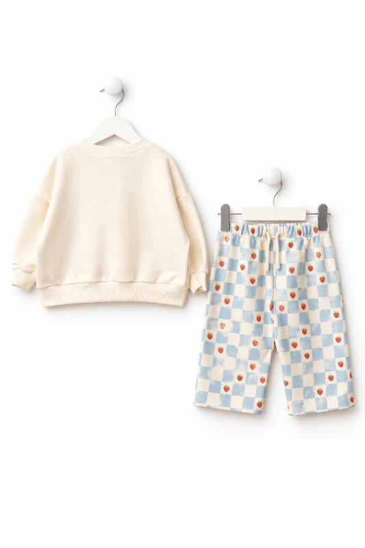 Tavşan Baskılı 3 İplik Şardonsuz Sweatshirt ve Çilekli Ekose Pantolon 2’li Takım 9-24 Ay - MAVİ