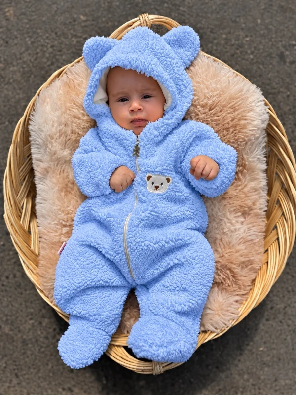 Wellsoft Peluş Unisex Fermuarlı Full Astarlı Kışlık Bebek Uyku Tulumu Bebek Tulumu Çocuk Tulumu - MAVİ