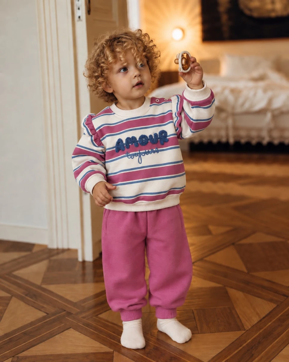 Kız Bebek Çocuk 3 İplik Çizgili Sweatshirt ve Eşofman Altı İkili Takım – Fırfırlı Omuz, Çıtçıtlı Üst - GÜLKURUSU
