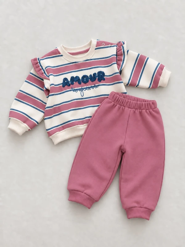 Kız Bebek Çocuk 3 İplik Çizgili Sweatshirt ve Eşofman Altı İkili Takım – Fırfırlı Omuz, Çıtçıtlı Üst - GÜLKURUSU