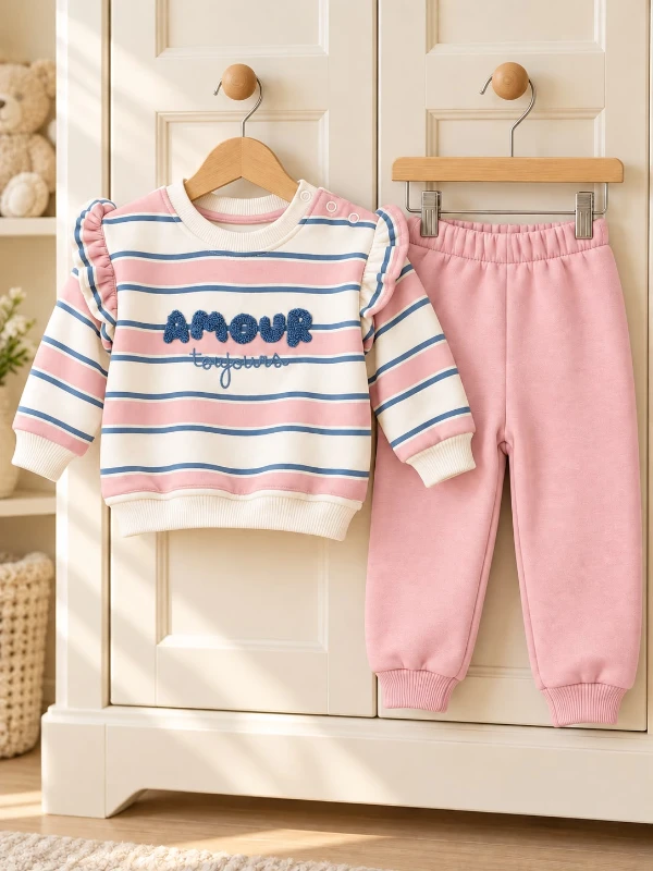 Kız Bebek Çocuk 3 İplik Çizgili Sweatshirt ve Eşofman Altı İkili Takım – Fırfırlı Omuz, Çıtçıtlı Üst - AÇIK PEMBE