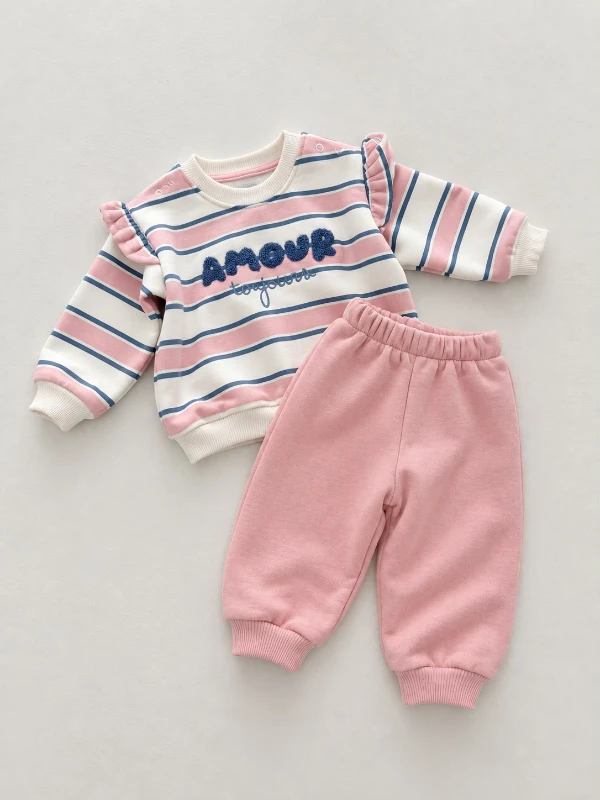 Kız Bebek Çocuk 3 İplik Çizgili Sweatshirt ve Eşofman Altı İkili Takım – Fırfırlı Omuz, Çıtçıtlı Üst - AÇIK PEMBE