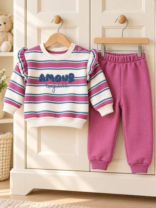 Kız Bebek Çocuk 3 İplik Çizgili Sweatshirt ve Eşofman Altı İkili Takım – Fırfırlı Omuz, Çıtçıtlı Üst - GÜLKURUSU