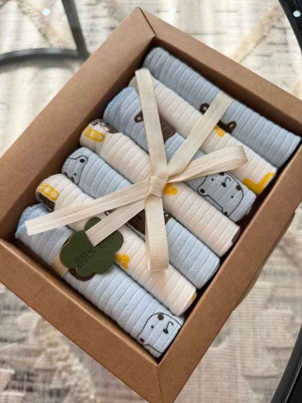 Özel Seri Baskılı 7'li %100 Pamuklu Bebek Ağız Silme Mendili - MAVİ