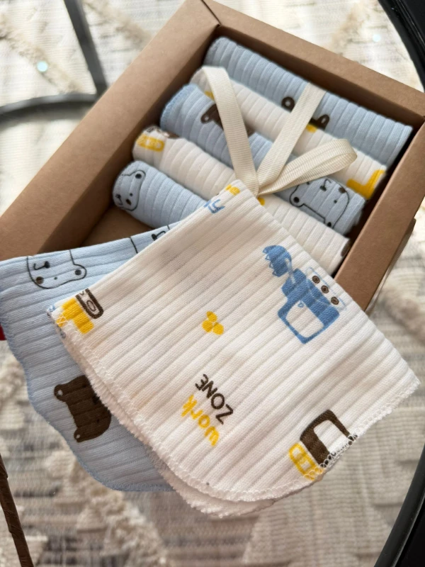 Özel Seri Baskılı 7'li %100 Pamuklu Bebek Ağız Silme Mendili - MAVİ