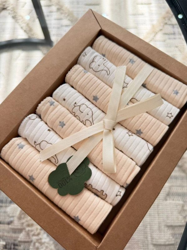 Özel Seri Baskılı 7'li %100 Pamuklu Bebek Ağız Silme Mendili - BEJ